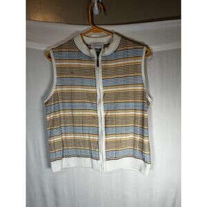 St John Sport Zip Front Nuetral Striped Sweater Vest Size Medium Women's Classic